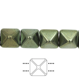 *1101-7201-06 - Glass Bead Square Pyramid Stud 12MM Metallic Dark Green Jet Red Lustre 2 Holes 12pcs String Preciosa Czech Republic PYR1223980-14495 *1101-7201-06,montreal, quebec, canada, beads, wholesale