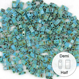 1101-7929-7.8GR - Glass Bead Seed Bead Half Tila 5x2.5MM Miyuki Picasso Opaque Blue Turquoise 2 Holes 7.8r Japan TLH4514 1101-7929-7.8GR,miyuki turquoise,montreal, quebec, canada, beads, wholesale