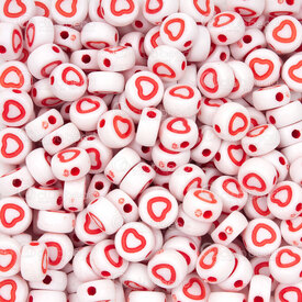 1103-0433-2 - Acrylic Bead Round 7x3.5mm White Base Red Heart 1.5mm hole 1 Bag 100gr (app pcs) 1103-0433-2,montreal, quebec, canada, beads, wholesale
