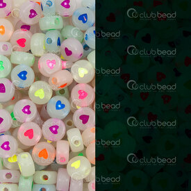 1103-0454-PH - Acrylic Bead Rondelle Heart 7x3.5mm Multicolored Heart on Phosphorescent Base 1.5mm Hole 100gr 1 bag 1103-0454-PH,Beads,Plastic,Acrylic,montreal, quebec, canada, beads, wholesale