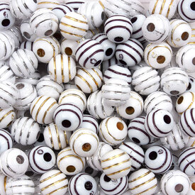 1103-0461-0802 - Acrylic Bead Stripe Round 8mm Black-Gold-Silver Design White Base 2mm hole 1bag 100gr (approx. 360pcs) 1103-0461-0802,bande,montreal, quebec, canada, beads, wholesale