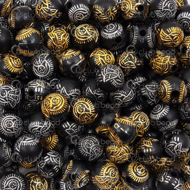 1103-0462-08BLK - Spiritual Acrylic Bead Buddha Round 8mm Silver-Gold Design Black Base 1.5mm hole 1bag 100gr (approx.360pcs) 1103-0462-08BLK,bud,montreal, quebec, canada, beads, wholesale