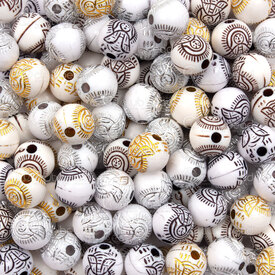 1103-0462-08WH - Spiritual Acrylic Bead Buddha Round 8mm Black-Silver-Gold Design White Base 1.5mm hole 1bag 100gr (approx.360pcs) 1103-0462-08WH,bud,montreal, quebec, canada, beads, wholesale