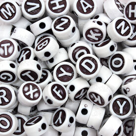 1103-0463-10WH - Acrylic Bead Alphabet Letter Pellet 10x5mm White Letter White-Black Base 2mm hole 1bag 100gr (approx.330pcs) 1103-0463-10WH,Beads,Plastic,Letters and Numbers,montreal, quebec, canada, beads, wholesale