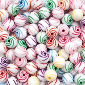 1103-0465-08MIX - Acrylic Bead Swirl Round 8mm Mix Color Design White Base 1.5mm hole 1bag 100gr (approx. 500pcs) 1103-0465-08MIX,Tour de cou,montreal, quebec, canada, beads, wholesale