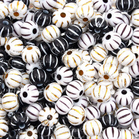 1103-0468-08 - Acrylique Bille Citrouille 6x7.5mm Motif Blanc-Or-Noir Fond Blanc-Noir Trou 2mm 100gr (approx. 500pcs) 1 Sac 1103-0468-08,Billes,Plastique,Acrylique,montreal, quebec, canada, beads, wholesale