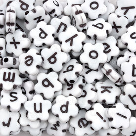 1103-0480-WH - Plastic Bead Flower Alphabet Letter 10.5x10.5x4mm Black Letter on White Base 1.5mm hole 1 bag 100gr (approx. 230pcs) 1103-0480-WH,Beads,Plastic,Acrylic,montreal, quebec, canada, beads, wholesale