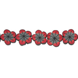 1104-0190 - Polymer Clay Bead Flower Flat 15MM Red/Black 16'' String 1104-0190,montreal, quebec, canada, beads, wholesale
