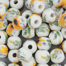 1105-0101-1000 - DISC ceramic bead 10,5mm round sunflower design white base 50pcs 1105-0101-1000,Clearance by Category,Ceramic,montreal, quebec, canada, beads, wholesale