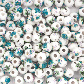 1105-0110-0644 - ceramic bead round 6mm teal flower manual decals 50pcs 1105-0110-0644,Beads,Ceramic,montreal, quebec, canada, beads, wholesale