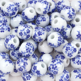 1105-0110-1026 - Céramique Bille Rond 10mm Bleu Cobalt Motif Fleur Trou 2.5mm 50pcs 1105-0110-1026,Billes,Céramique,montreal, quebec, canada, beads, wholesale