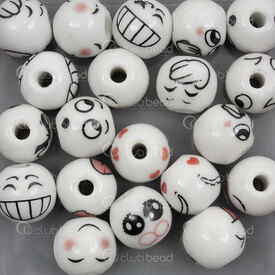 1105-0115-1202 - Ceramique Bille Rond 12mm Visage Emoticone Blanc 20pcs Trou 2mm 1105-0115-1202,bille 12mm,montreal, quebec, canada, beads, wholesale