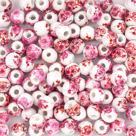 1105-0116-0614 - ceramic bead round 6mm magenta flower plum blossom decals 50pcs 1105-0116-0614,Bille fleur,montreal, quebec, canada, beads, wholesale