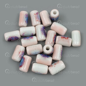 1105-0906-1002 - Ceramic bead Tube 10x6mm White Base Pink Chinese Royal Design 2mm hole 20pcs 1105-0906-1002,ROSE,montreal, quebec, canada, beads, wholesale