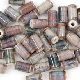 1105-0906-1004 - Ceramic bead Tube 10x6mm Old Pink Base Blue Design 2mm hole 20pcs 1105-0906-1004,rose,montreal, quebec, canada, beads, wholesale