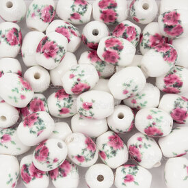 1105-0910-0814 - ceramic bead oval 10.5x8.5mm magenta flower manual decals 1.5mm hole 50pcs 1105-0910-0814,Beads,Ceramic,montreal, quebec, canada, beads, wholesale
