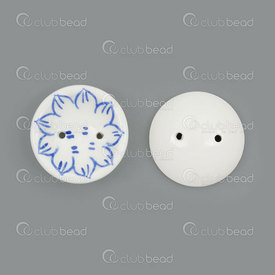1105-1010-2526 - Céramique Bille Bouton rond 25mm Bleu Cobalt Motif Fleur Lotus Base Blanc Trou 1.5mm 10pcs 1105-1010-2526,montreal, quebec, canada, beads, wholesale