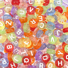 1106-9966 - plastic round flat letter bead multicolored base with white letter 1000pcs 1 bag 100gr 1106-9966,Beads,Plastic,Bead,Bead,Plastic,Plastic,7x3.5mm,Round,Rondelle,Alphabet letters,on Mixed Color Base,Transparent,China,1000pcs,montreal, quebec, canada, beads, wholesale