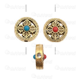 1111-0492-GL - Bille de Métal Disque avec pierre bleue et rouge Style Tibétain 17x4.5mm Or Antique 5pcs 1111-0492-GL,disk,montreal, quebec, canada, beads, wholesale