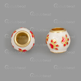 1111-5203-1002 - Metal Bille Baril 9.5x10.5mm avec Emaille Cloisonne Blanc-Rouge Motif Patte Trou 4.5mm Or 5pcs 1111-5203-1002,billes en metal 7.5,montreal, quebec, canada, beads, wholesale