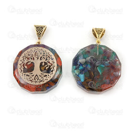 1413-1611-02 - Spiritual Natural Semi Precious Stone Pendant Orgone Tree of Life Faceted Round 40x35x12mm with Stone Chips in Resin and Bail Gold 2pcs 1413-1611-02,e,montreal, quebec, canada, beads, wholesale