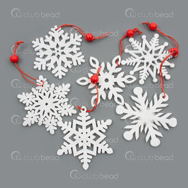 1413-1710 - Wood Ornement Snow Flake 70x2.8mm White with Red String Attachment 6pcs 1413-1710,montreal, quebec, canada, beads, wholesale