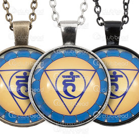 1413-2307-10 - Metal Yoga Pendant Round 28MM With Chain Assorted Coating, Nickel or Antique Brass or Black With glass cabochon Chakra 1pc 1413-2307-10,Clearance by Category,Others,Pendant,Yoga,Metal,Metal,28MM,Round,Round,With Chain,Nickel,With glass cabochon,Chakra,montreal, quebec, canada, beads, wholesale