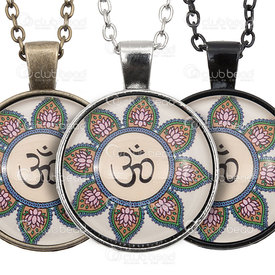 1413-2307-12 - Metal Yoga Pendant Round 28MM With Chain Assorted Coating, Nickel or Antique Brass or Black With glass cabochon Om 1pc 1413-2307-12,Clearance by Category,Others,Pendant,Yoga,Metal,Metal,28MM,Round,Round,With Chain,Nickel,With glass cabochon,Om,montreal, quebec, canada, beads, wholesale