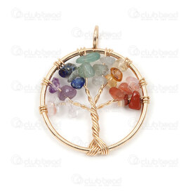 1413-5012-0730GL - Spirituel Metal Pendentif Arbre de Vie Rond 37x30mm avec Morceau Pierre Fine Narturel Or 5pcs 1413-5012-0730GL,montreal, quebec, canada, beads, wholesale