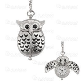 1500-1002-006 - Pocket Watch 24X8.6MM Owl Shape Nickel White Font with Chain 1pc !BATTERY NOT INCLUDED! 1500-1002-006,montreal, quebec, canada, beads, wholesale