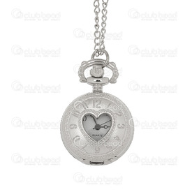 1500-1002-010 - Pocket Watch 25MM Round Nickel White Font with Fancy Heart Design and Chaîn 1pc !BATTERY NOT INCLUDED! 1500-1002-010,1500-1002,montreal, quebec, canada, beads, wholesale