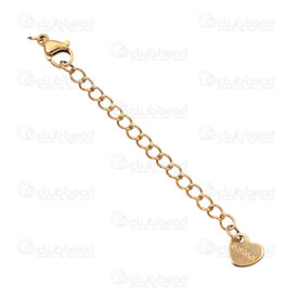 1720-0238-ENGCGL - Acier Inoxydable 304 Chaine de Rallonge 50x3x0.6mm avec Breloque Cœur 6mm Inscription ''S.Steel'' et Fermoir Plaque Or 10pcs 1720-0238-ENGCGL,montreal, quebec, canada, beads, wholesale