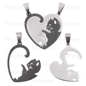 1720-2010-26NBLK - Animal Stainless Steel Two Pieces Pendant Cats in Heart Shape with Bail Black-Natural 1pc 1720-2010-26NBLK,1720-2,montreal, quebec, canada, beads, wholesale