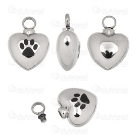 1720-2010-38 - Animal Stainless Steel Pendant Urn Heart 26.5x19.5x11mm Paw Design with Bail Natural 1pc 1720-2010-38,Pendants,Lockets,Urns,montreal, quebec, canada, beads, wholesale