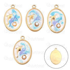 1720-2010-78GL - Animal Stainless Steel 304 Pendant Oval 20x13x2mm Dolphin Design with White-Blue Enamel and White Acrylic Pearl with Loop Gold Plated 4pcs 1720-2010-78GL,montreal, quebec, canada, beads, wholesale