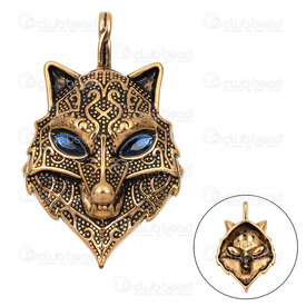 1720-2010-812GL - Animal Stainless Steel 304 Pendant Wolf Head 59x36.5x11.5mm with Blue Rhinestone and Loop Gold Plated 1pc 1720-2010-812GL,ls,montreal, quebec, canada, beads, wholesale