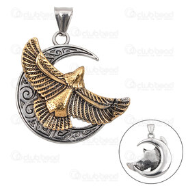 1720-2010-82NGL - Animal Stainless Steel 304 Pendant Eagle with Moon 39x37x5.5mm with Bail Gold Plated-Natural 1pc 1720-2010-82NGL,(m,montreal, quebec, canada, beads, wholesale