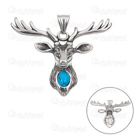 1720-2010-84 - Animal Stainless Steel 304 Pendant Deer Head 39x52x13.5mm with Dyed Blue Turquoise Stone and Bail Natural 1pc 1720-2010-84,(6),montreal, quebec, canada, beads, wholesale