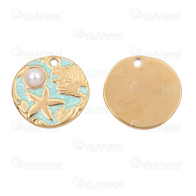 1720-2011-20GL - Nature Acier Inoxydable 304 Pendentif Rond 18x19x2mm Motif Etoile de Mer et Coquillage avec Emaille Aqua et Perle Acylique Blanc Trou 1.5mm Plaque Or 4pcs 1720-2011-20GL,perle d,montreal, quebec, canada, beads, wholesale