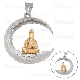 1720-2012-136NGL - Spirituel Acier Inoxydable 304 Pendentif Bouddha et Lune 40.5x36x10.5mm avec Beliere Naturel-Plaque Or 1pc 1720-2012-136NGL,Lune,montreal, quebec, canada, beads, wholesale