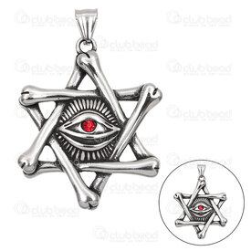 1720-2012-154 - Spiritual Stainless Steel 304 Pendant Star with Evil Eye 48x37.5x8.5mm with Red Rhinestone and Bail Natural 1pc 1720-2012-154,inoxydable,montreal, quebec, canada, beads, wholesale