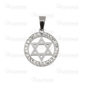 1720-2012-32 - Spiritual Stainless Steel Pendant Star of David 20mm Round with rhinestone Natural 1pc 1720-2012-32,billes 20mm,montreal, quebec, canada, beads, wholesale