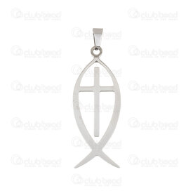 1720-2012-34 - Spiritual Stainless Steel Pendant Fish with Cross (Ichtus) 41x18mm with Bail Natural 1pc 1720-2012-34,1720-,montreal, quebec, canada, beads, wholesale