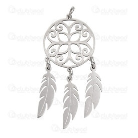 1720-2012-84 - Spirituel Acier Inoxydable Pendentif Capteur de Reve 45x20x1mm Motif Fleur-Cœur avec Anneau 5mm Naturel 3pcs 1720-2012-84,capteur de reves acier inoxydable,montreal, quebec, canada, beads, wholesale