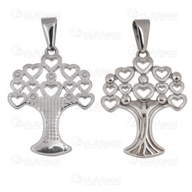 1720-2012-96 - Spiritual Stainless Steel Pendant Tree of Life 28.5x22x3mm with Heart Design and Bail Natural 1pc 1720-2012-96,arbre inox,montreal, quebec, canada, beads, wholesale