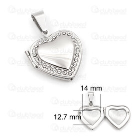 1720-2014-10 - Heart Stainless Steel Memory Locket Pendant Heart 24x21x6mm with Clear Rhinestone and Bail Natural 1pc 1720-2014-10,1720-2,montreal, quebec, canada, beads, wholesale