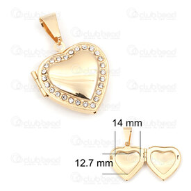 1720-2014-10GL - Heart Stainless Steel Memory Locket Pendant Heart 24x21x6mm with Clear Rhinestone and Bail Gold Plated 1pc 1720-2014-10GL,montreal, quebec, canada, beads, wholesale