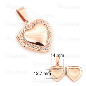 1720-2014-10RGL - Heart Stainless Steel Memory Locket Pendant Heart 24x21x6mm with Clear Rhinestone and Bail Rose Gold Plated 1pc 1720-2014-10RGL,Pendants,Stainless Steel,montreal, quebec, canada, beads, wholesale