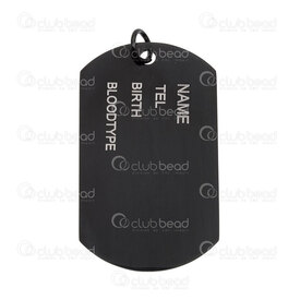 1720-2092-BLK - Stainless Steel Pendant Identification Plate 44.5x26.5x1.5mm Inscription "Name-Tel-Birth-BloodType" with Ring Black 1pc 1720-2092-BLK,Pendants,montreal, quebec, canada, beads, wholesale