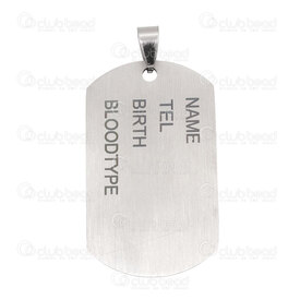 1720-2092 - Stainless Steel Pendant Identification Plate 44.5x26.5x1.5mm Inscription "Name-Tel-Birth-BloodType" with Ring Natural 1pc 1720-2092,Pendants,montreal, quebec, canada, beads, wholesale